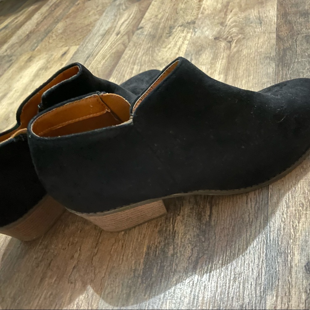 Black, soft material, low healed bootie